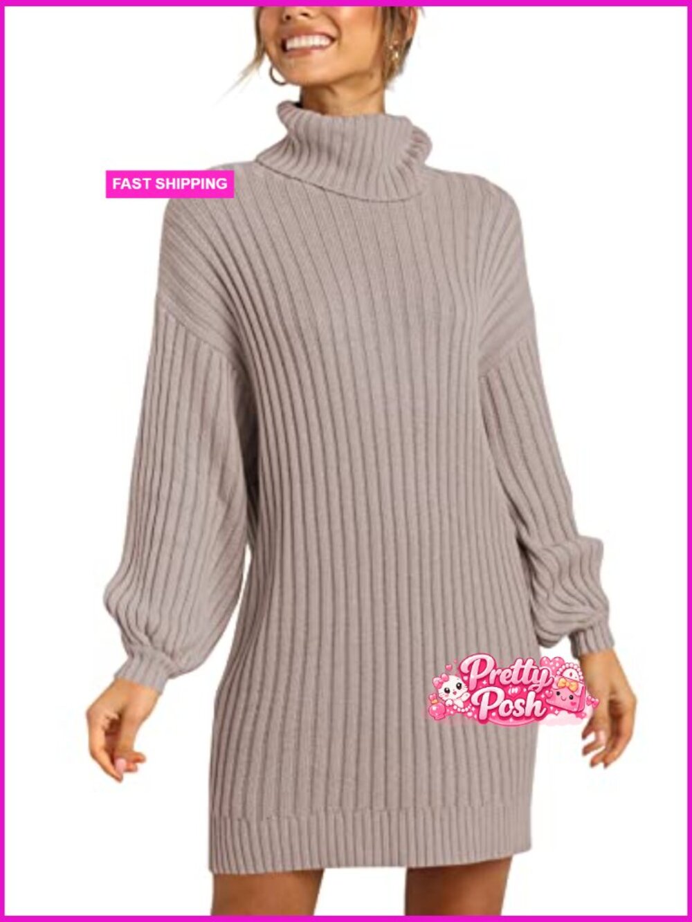 Oversized Sweater Dress Turtleneck Batwing Long Sleeve Ribbed Knit Loose Short - Picture 2 of 7
